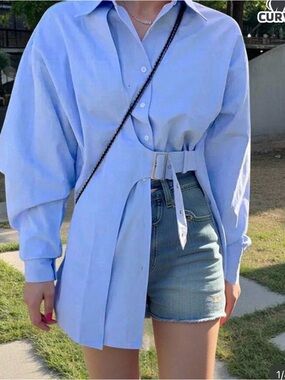 Asymmetric Light Blue Belted Button-Up Blouse